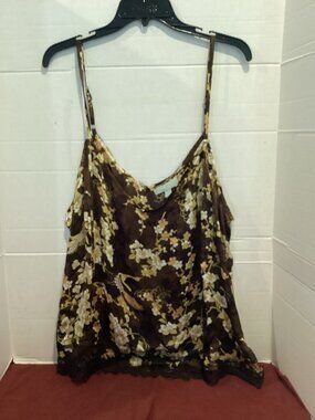 T100-Ladies Ryegrass brown floral lace hem camisole tank top Size 3 X Large New
